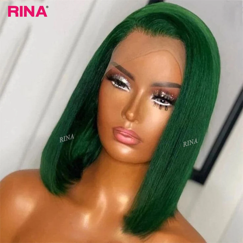 Peluca de cabello humano liso de 13x4, postizo de encaje frontal, corte Bob corto, brasileño, predespuntado, 180 de densidad, Color verde