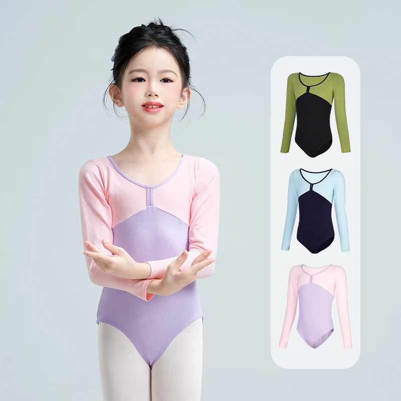 Autumn Girls Ballet Leotards Contrast Color Splicing Long sleeve Kids Gymnastics Ballet  Costume