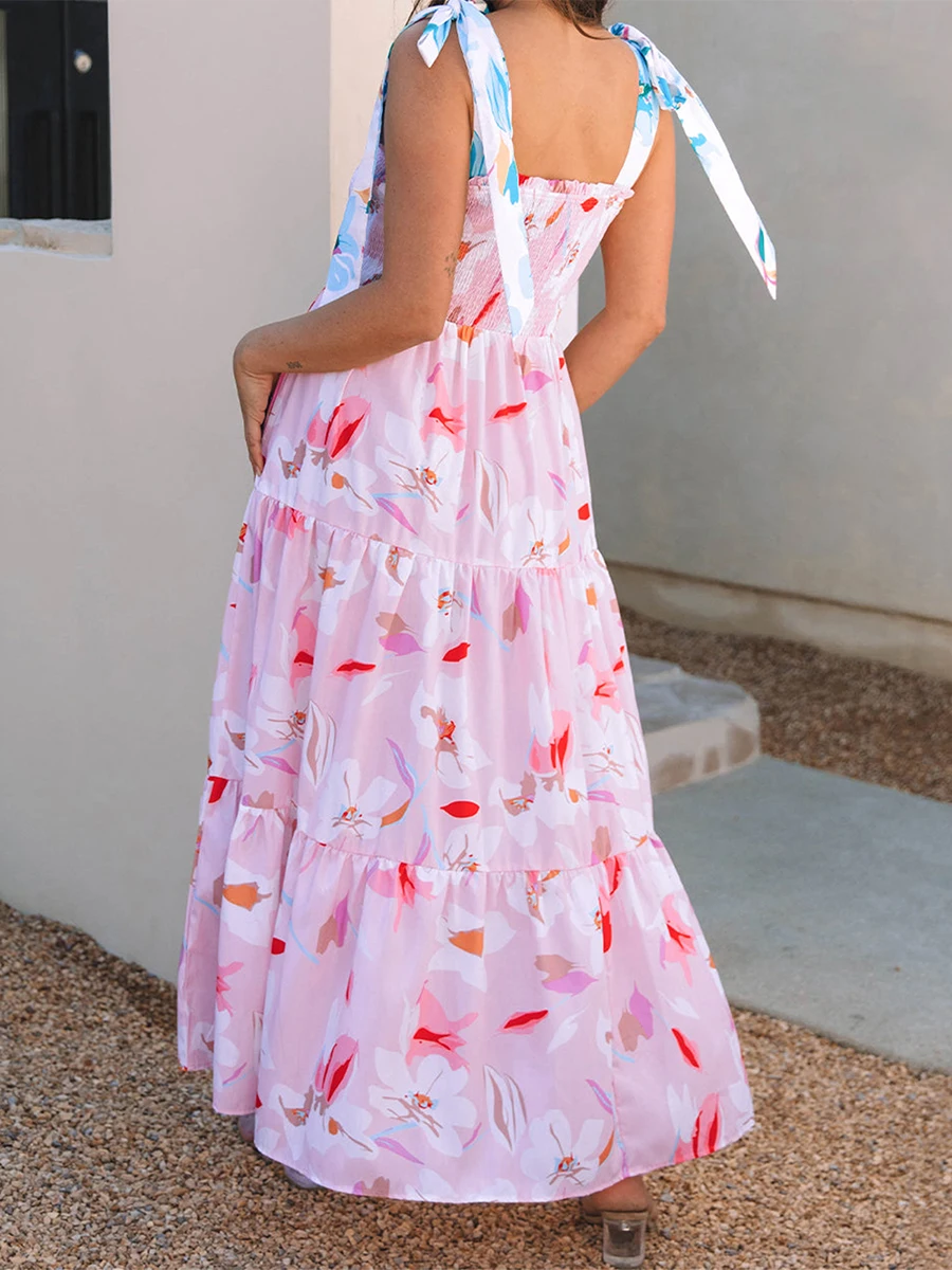 Abito lungo da donna Boho con scollo a V con orlo arricciato e spalline regolabili per abiti casual estivi per feste di matrimonio in spiaggia