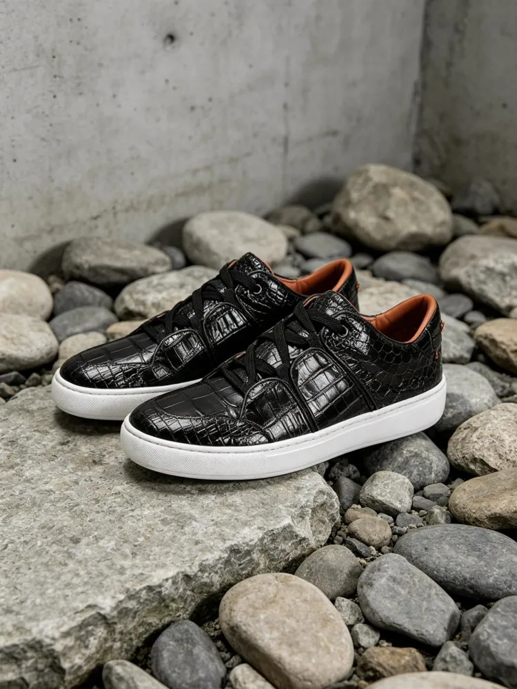 Mens Versatile Crocodile Leather Sneakers Lace Up Platform Casual Genuine Leather Joggers Training Footwear Male Outside Shoes