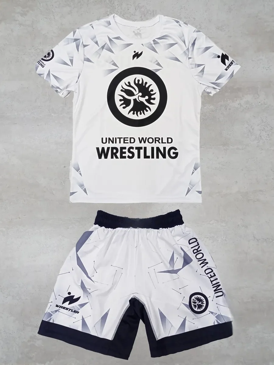 

2026 New Summer Men United World Wrestling Sportswear Set Short Sleeve T Shirt and Shorts for Gym MMA Training Lightweight