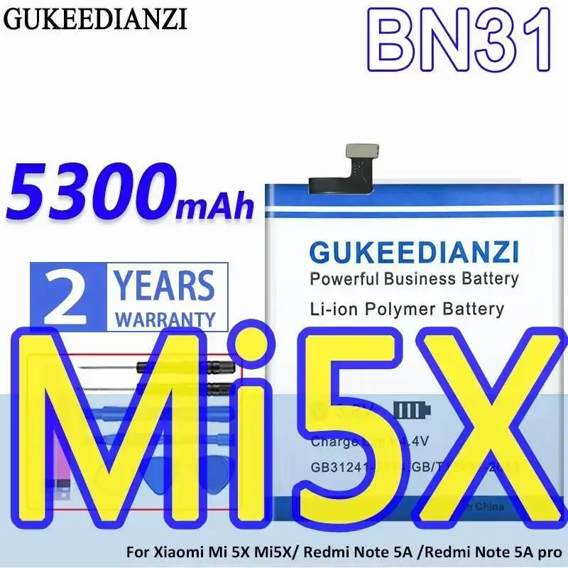 

BN31 Аккумулятор для мобильного телефона 5300 мАч с высокой производительностью для Xiaomi MI 5X A1 Mi5x Redmi Note 5A Prime S2 Pro Y1 Mia1 Lite