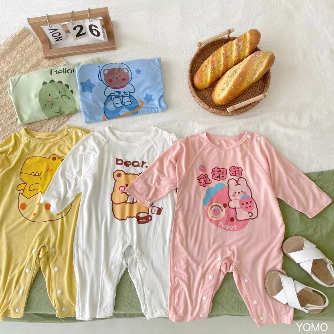 2023 Korean INS Baby Long Sleeved Jumpsuit Modal Boy Clothes Girls Home Wear Spring Summer Romper Crawling Pajamas Costume