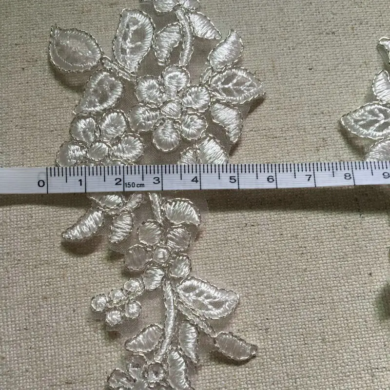 10Pcs Silver Cord Ivory Lace Applique Handmade Lace Flower Bride Wedding Dress diy Tiara Veil Lace Accessories Patch 24.5X6cm