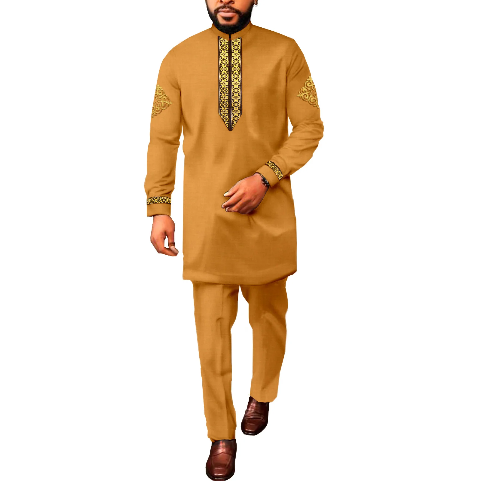 African Men Suits 2 Piece Shirt Pants Fashion Long Sleeve Dashiki Casual Tribal Attire