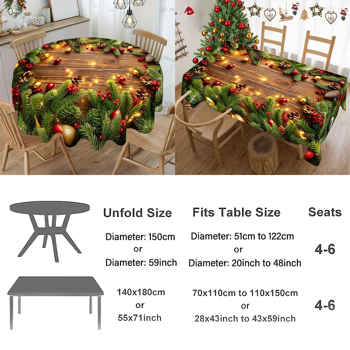 1pc Merry Christmas Table Cover Pine Leaves Design Polyester Tablecloth Christmas Decor for Home 2026 New Year Table Decoration