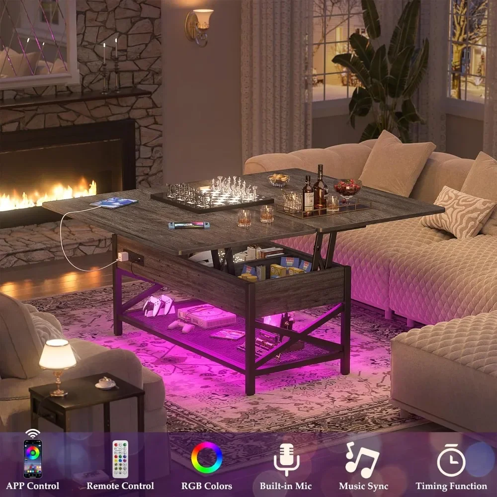 طاولة القهوة التي تحول طاولة القهوة متعددة الوظائف إلى طاولة الطعام، مع ضوء LED ومخرج طاقة، وطاولة مركزية مع #3