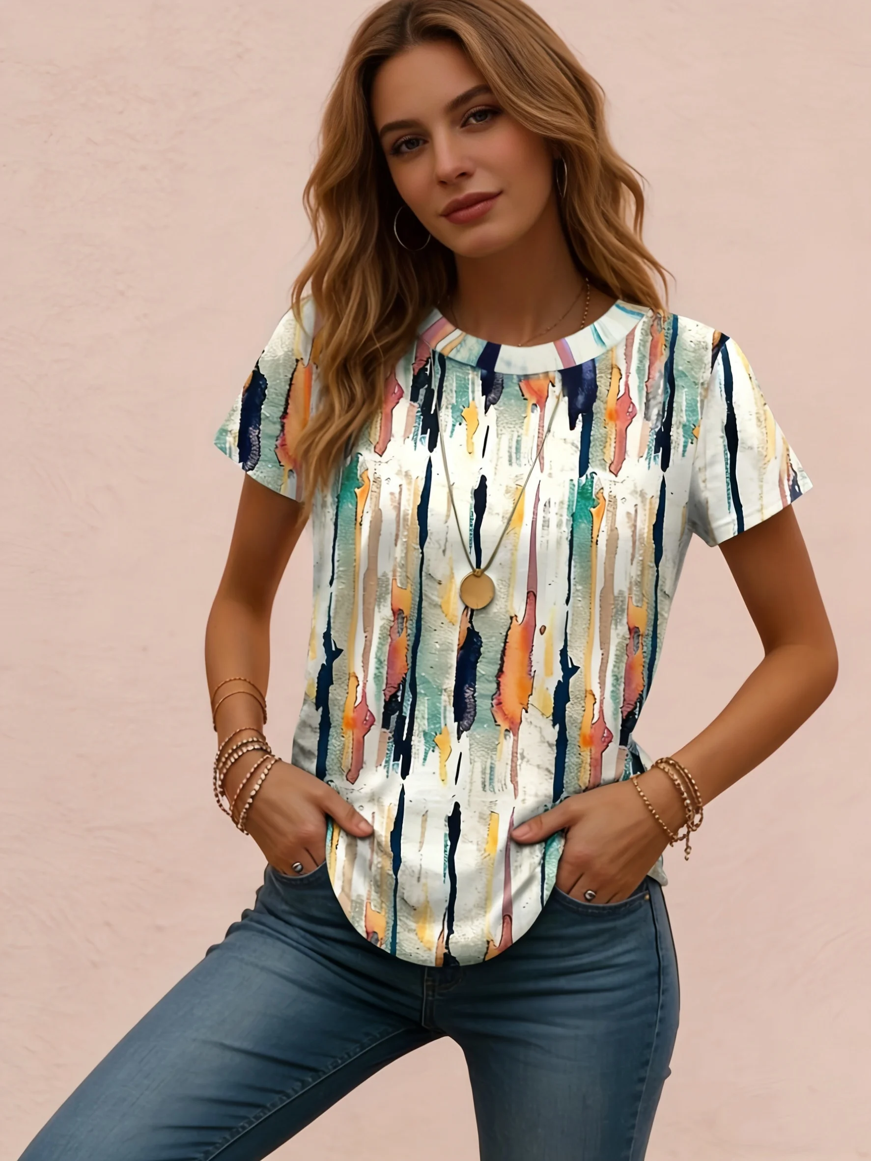 Women Crew Neck Short Sleeve T-shirt Abstract Paint Drip Stripe Print Casual Art Style Soft Breathable Daily Summer Tee
