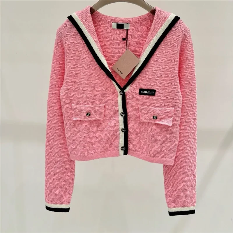 Autumn Winter Women's Sweater Knitwear 2024 New Fashion Loose Casual Tops Cardigan Navy Collar V-Neck Pink Outerwear Female