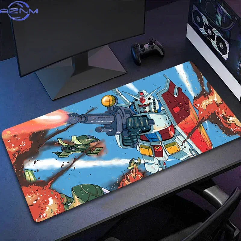 Vivid Blue Retro Anime Mecha Robot With Shield and Letter Print Mouse Pad, Rubber Non Slip Backing, Smooth Surface Gaming Desk M