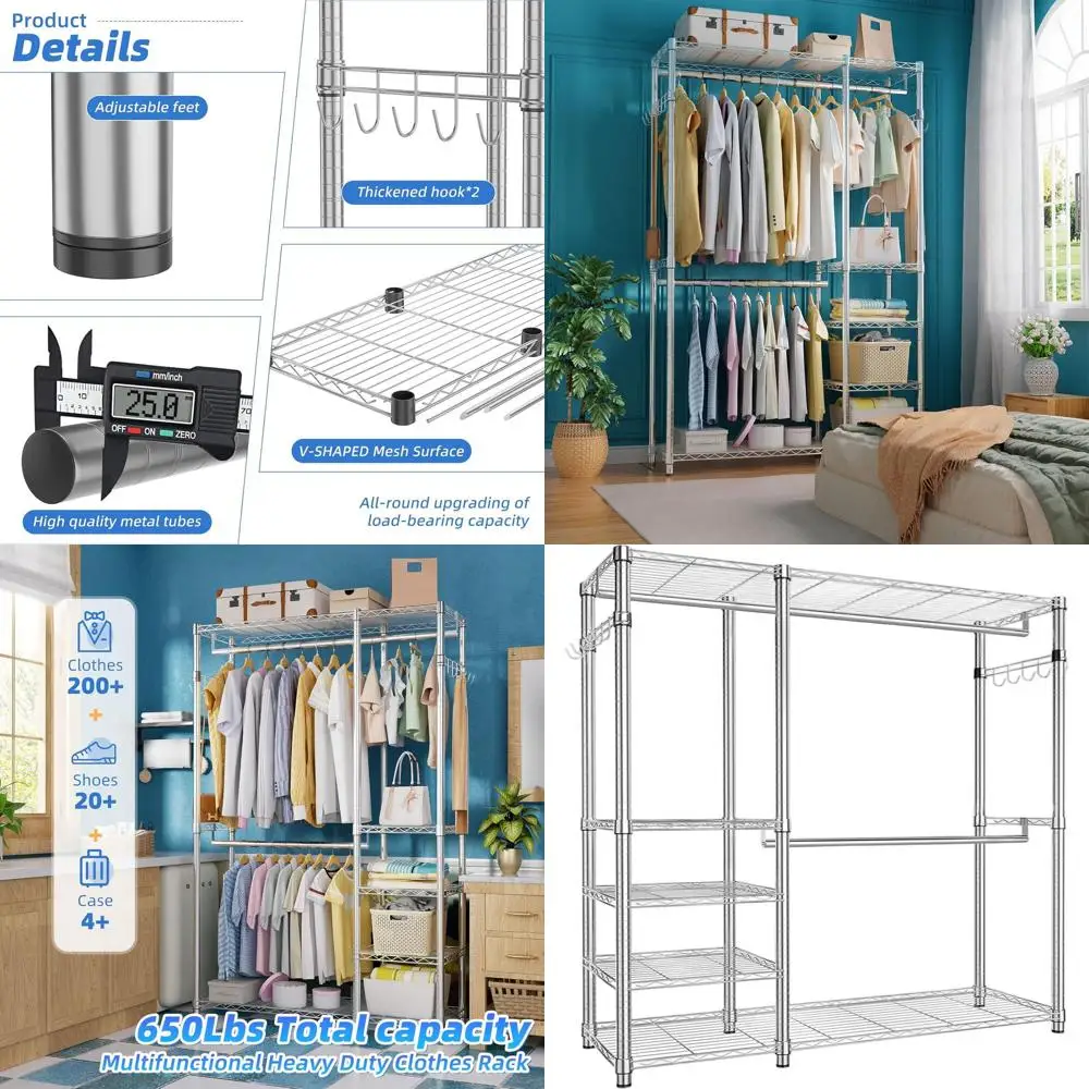 Perchero para ropa de resistencia industrial: capacidad para 450 libras, colgar y estanterías ajustables, armario de metal, acabado cromado