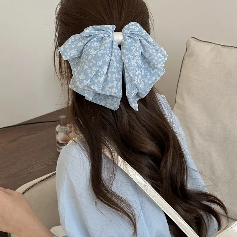 Floral Print Hair Claw Clip Bow Design Ponytail Volumizing Boho Style for Women High Density Daily Wear Cream