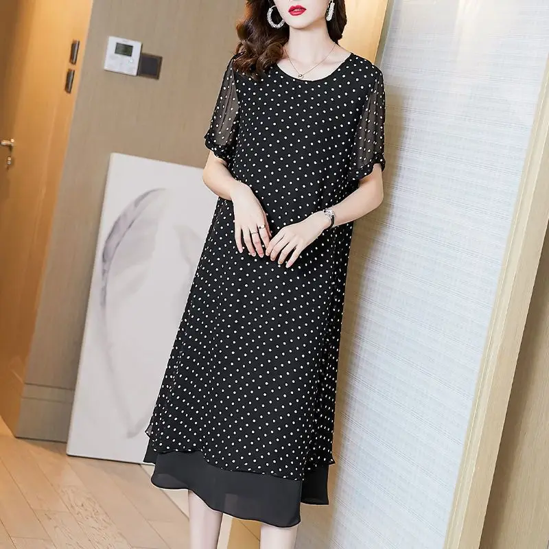 2023 New Summer Simple Style Light Mature Style Round Neck Polka Dot French Loose Relaxed Short Sleeve Celebrity Foreigner Dress