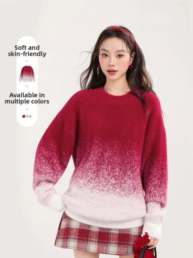 

MJsle adient красный круглый трикотаж Ne женский уникальный слип-топ весна осень Новое поступление теплый свитер Thi Long Sve