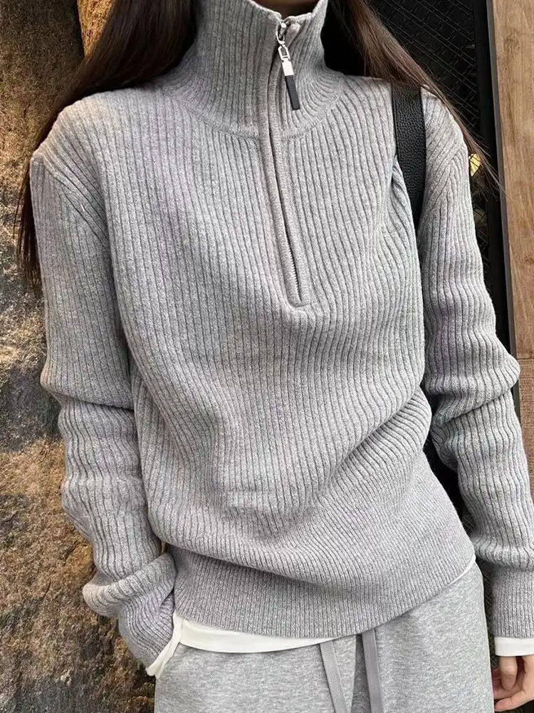 Autumn Winter Half-zip Turtleneck Sweater Knit Pullover Loose Zip Up Hoodie Sweet Tops Long Sleeve Trend Coat Y2k Clothes New