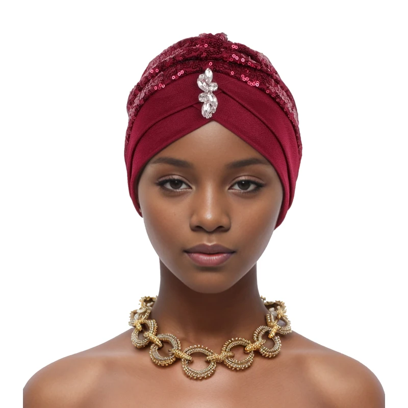 Sequins Turban Cap for Women Cross Forehead Wrap Head Bonnet Muslim Headscarf Cap Lady Headwrap Hat Turbante Mujer