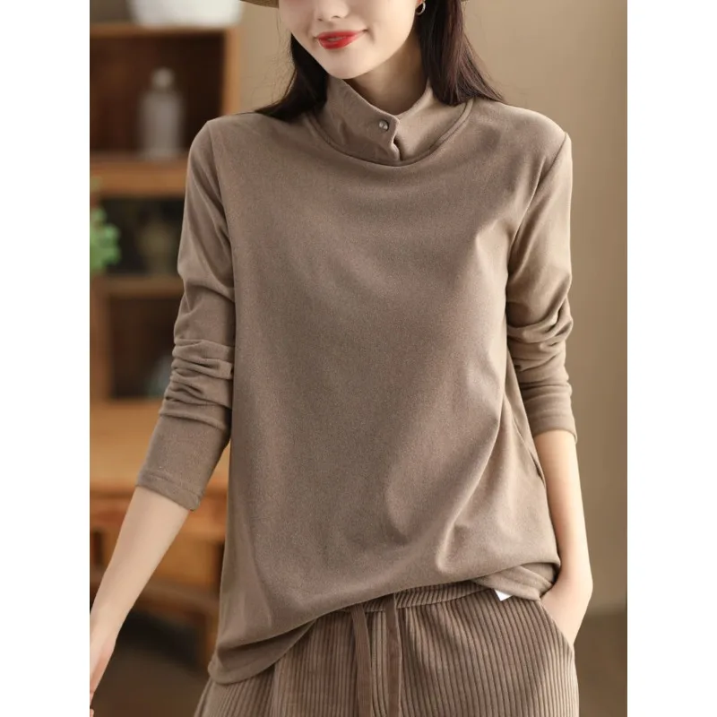 

Fashion Threaded Base Shirt for Women Warm Elastic Casual and Versatile Lapel Stand Collar Two-wear Pullover Top