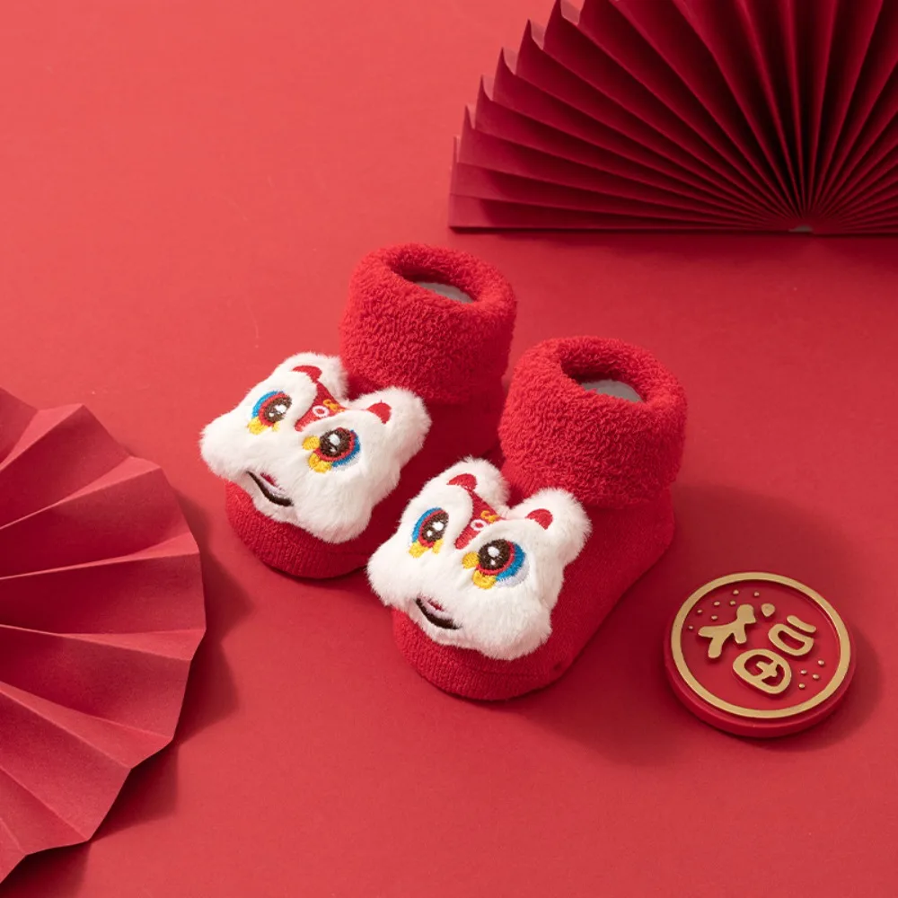 Fortune Cat Kids Chinese New Year Socks Rabbit Anti-slip Lion Dance Baby Cotton Socks Soft Cartoon Longevity Lock Hosiery