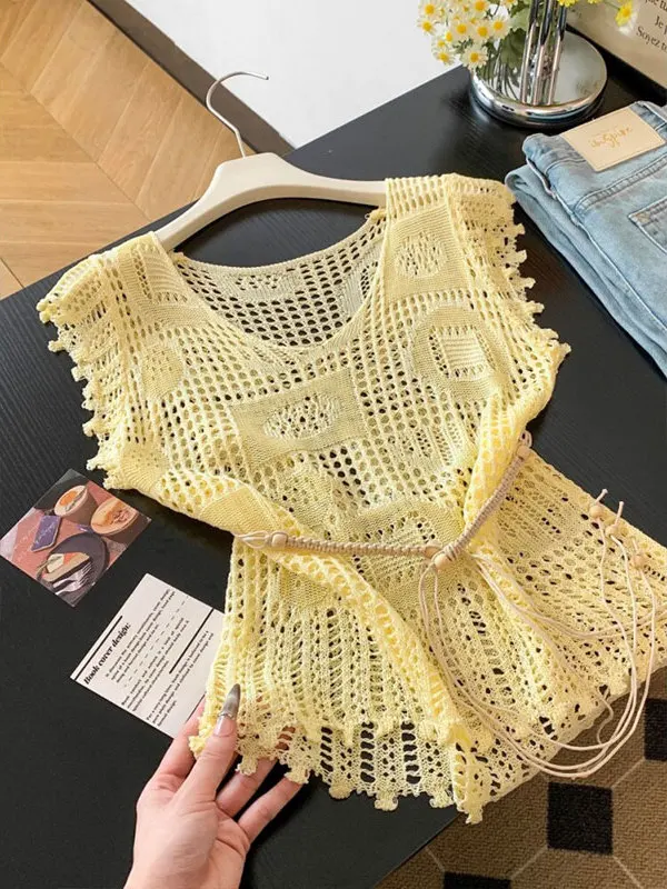 Bohemian Hollow out Sleeveless Knitted Cover up Women's Summer New Sweet Waist Belted Top V-Neck Regular Thickness Chinese Made