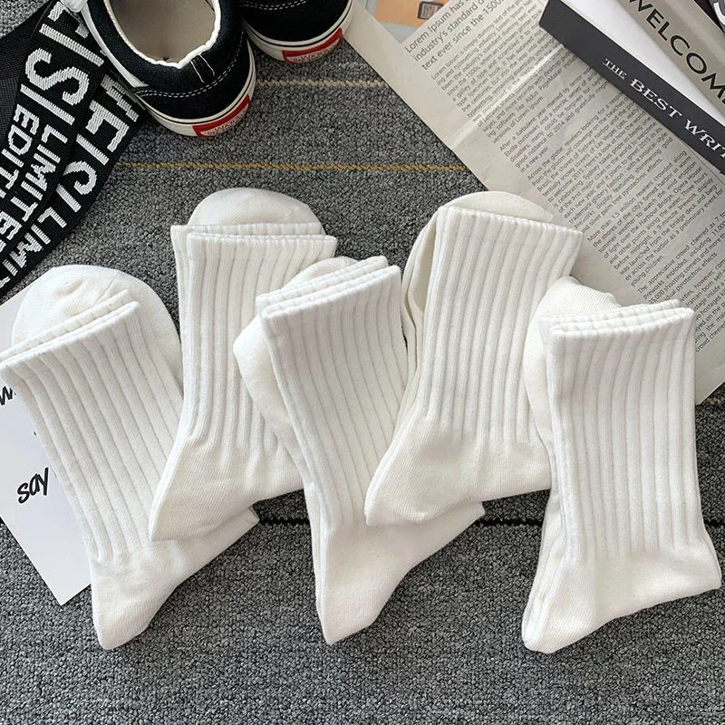 5 Pairs Men Black White Warm Socks Autumn Winter Male Breathable Solid Color Sport Long Middle Tube Casual Socks for Men