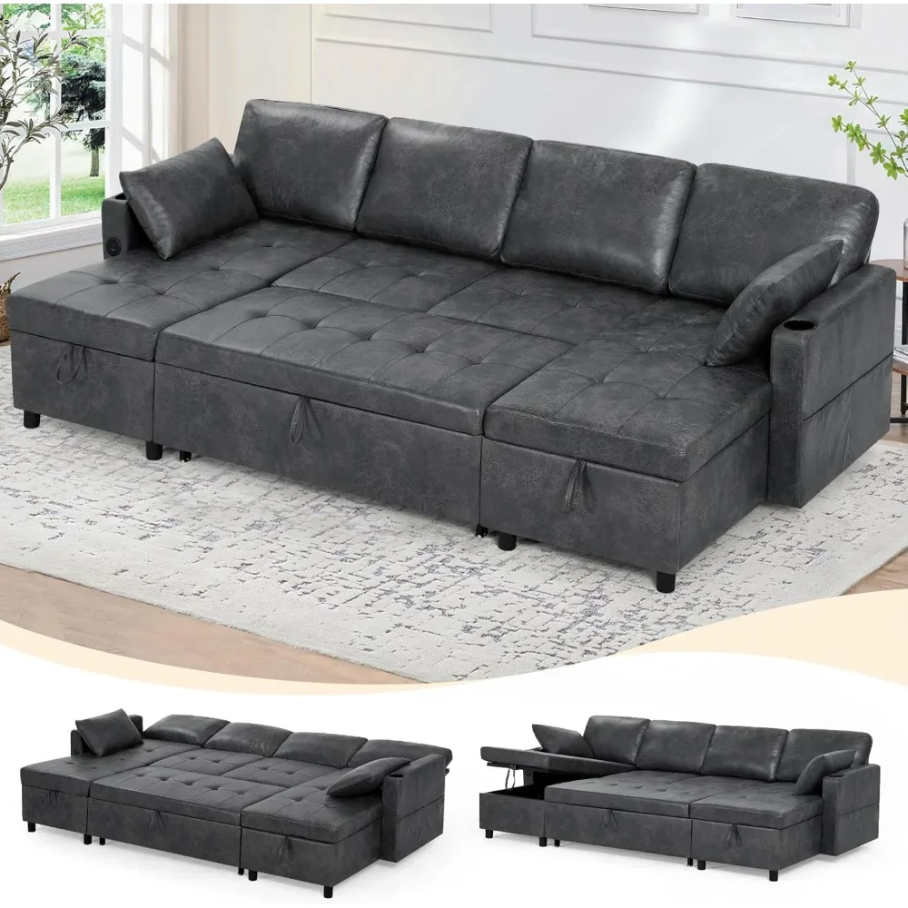 

110" U-Shape Pull Out Sofa Bed with Adjustable Backrest, Upholstered Sectional Sleeper Sofa with Storage Chaises, Suede Leather