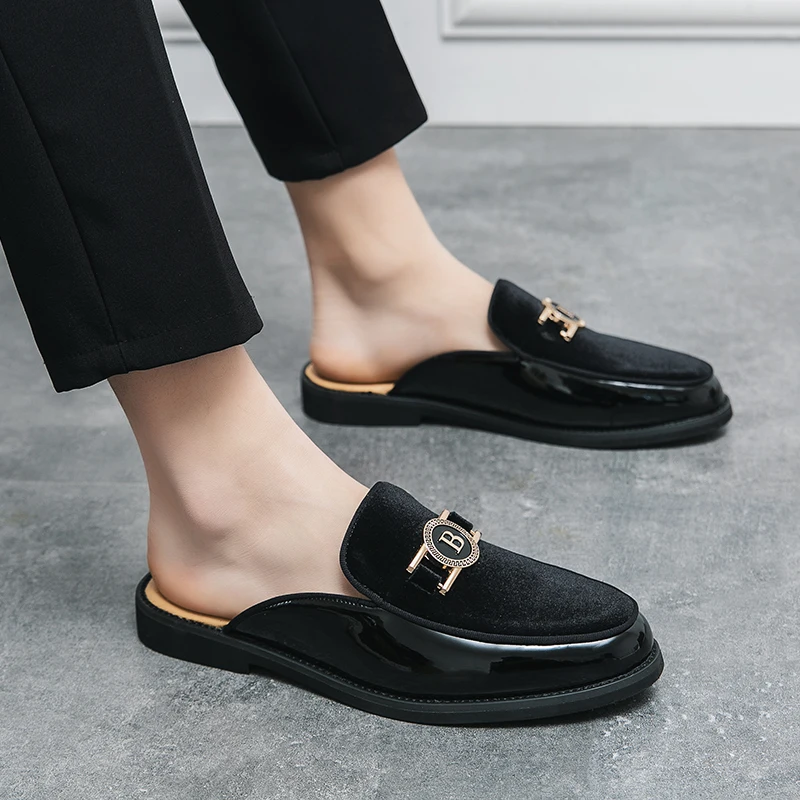 Men's Shoes New Fashion Half Slippers Suede Patchwork Casual Shoes for Men Metal Buckle Mules Moccasins Breathable Driving Shoes