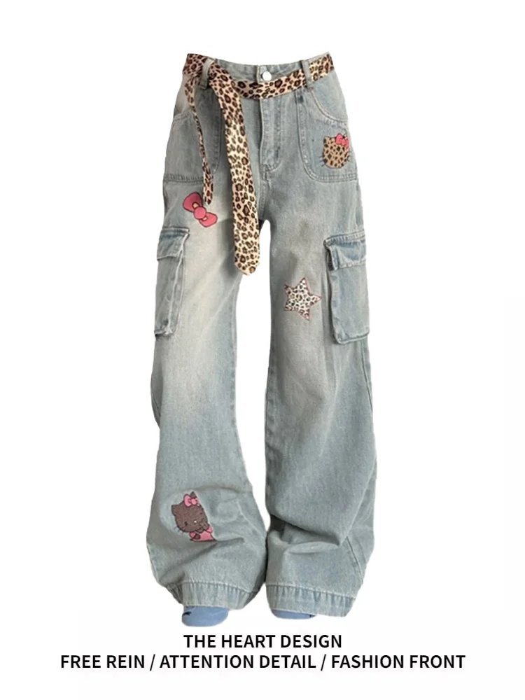 

American Retro Cartoon Print Workwear Jeans High Waist Loose Wide Leg Pants Women's Spring Design Casual Denim Trousers