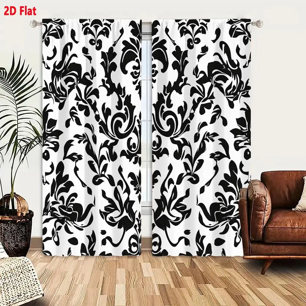 2Pcs Curtains 2D Flat Baroque Damask Pattern Black And White Ornate Floral Symmetrical Design Window Drapes for Bedroom Room Dec