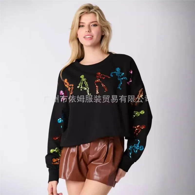Glitter Patchwork Printed Hoodies Autumn Winter Vintage Tshirt Harajuku Loose Long Sleeve Streetwear Women Clothes Halloween Top