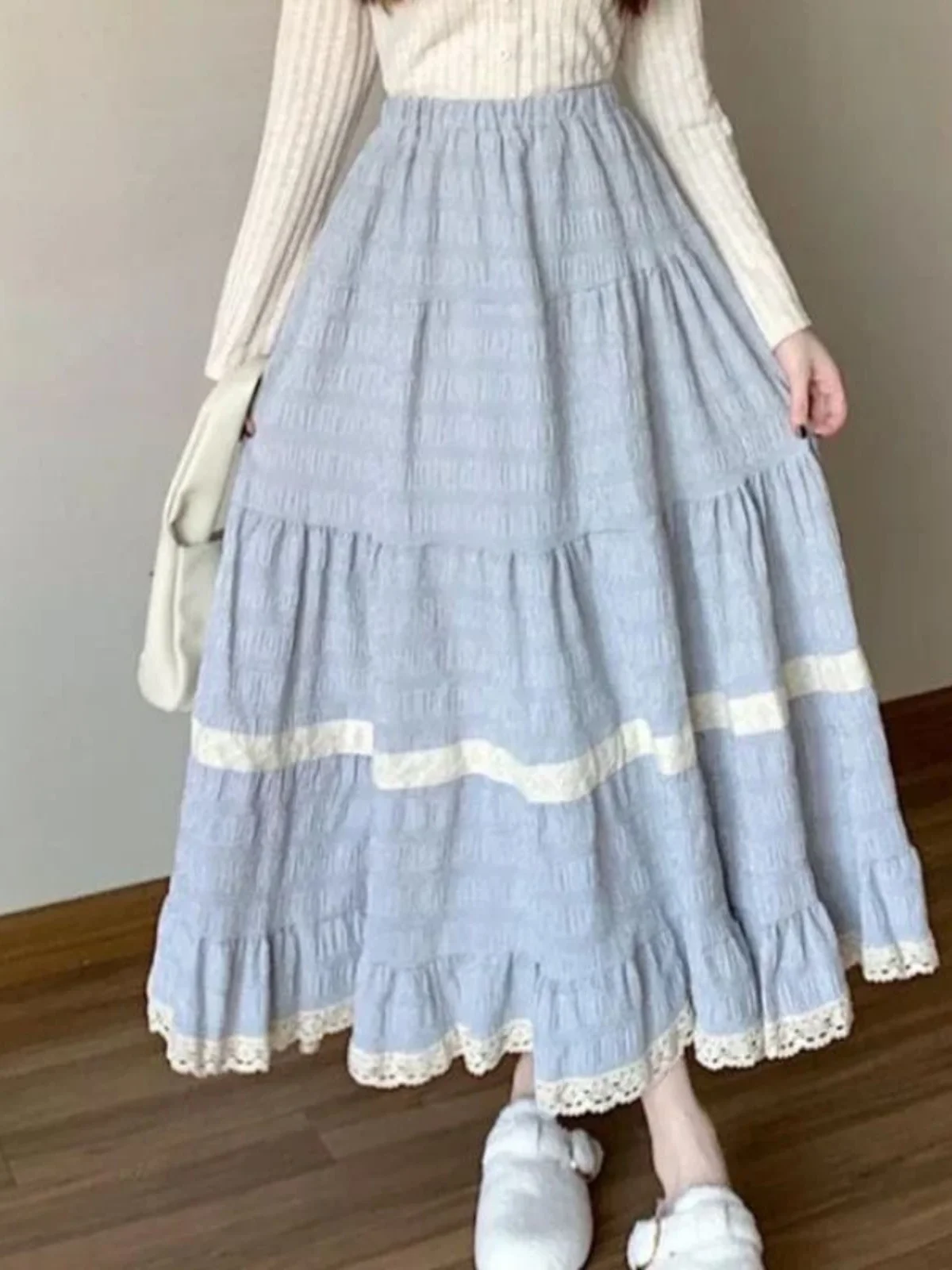 

Женская длинная юбка миди с кружевными вставками, свободного кроя, А-силуэт, для женщин 25-29 лет, весенняя коллекция, стандартный крой