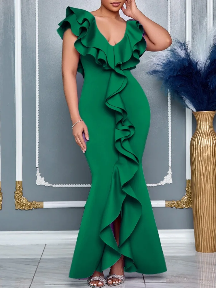 

Wmstar 2025 новое женское модное элегантное летнее платье однотонного цвета с v-образным вырезом и рюшами и разрезом «рыбий хвост» с коротким рукавом и высокой талией