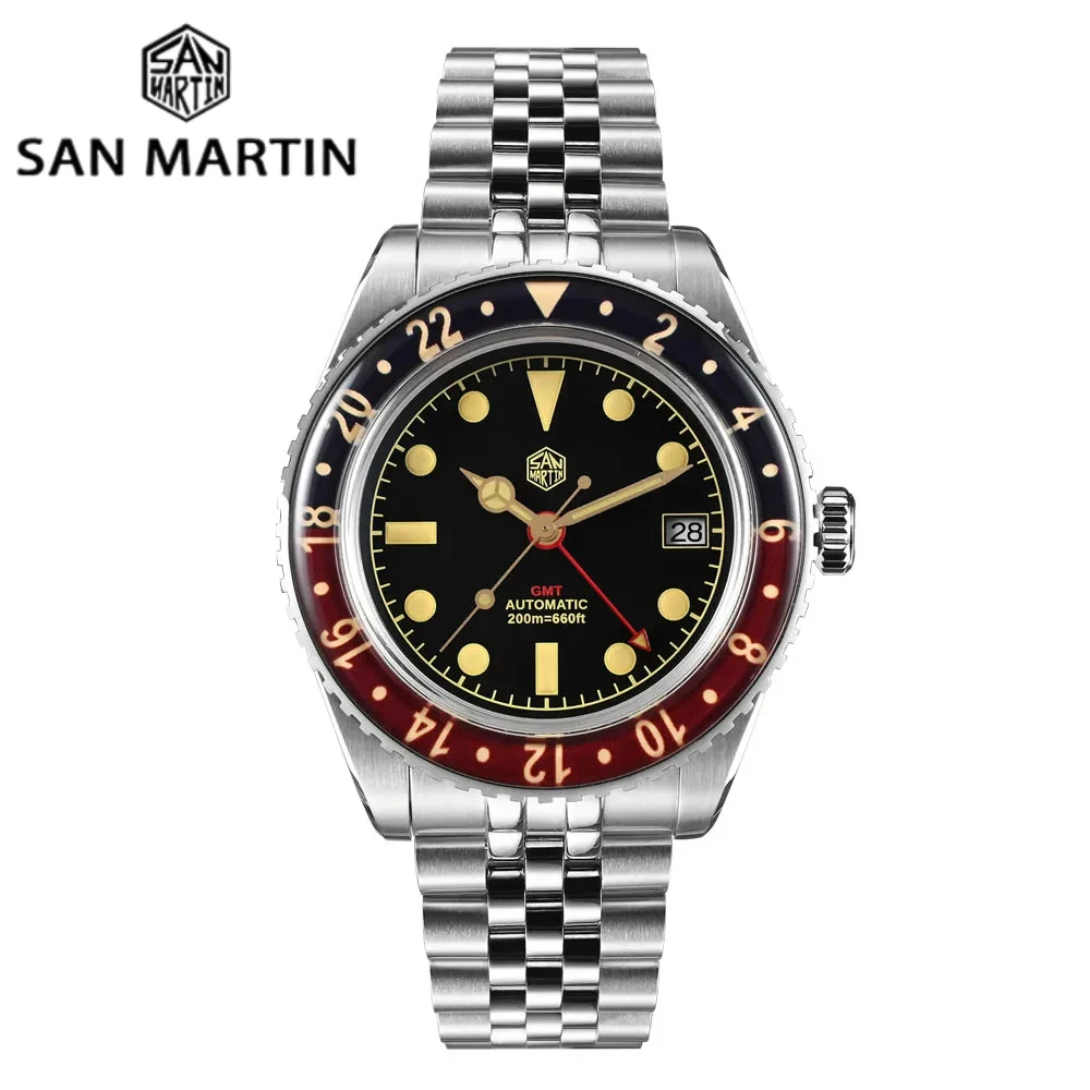 San Martin New 40mm Retro Classic GMT NH34 Men Luxury Automatic Mechanical Watch Sapphire Bezel Waterproof 200m Luminous SN0005