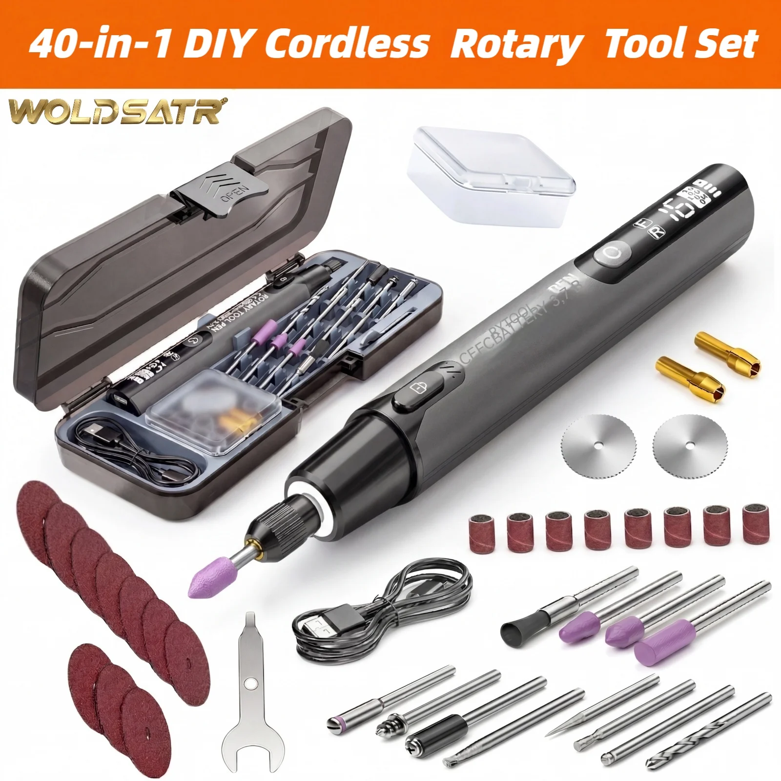 WOLDSATR 40-in-1 Handheld Mini Cordless Rotary Tool Kit, 6 Variable Speed USBRechargeable With LED Light & LCD Display, 3.7V 16000RPM For DIY Crafts, Precision Sanding,Polishing & Drilling