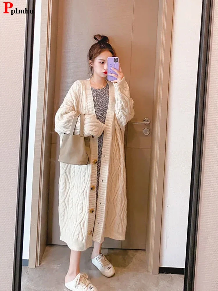 Oversize 120kg Long Knitwears Cardigan Winter Fall Warm Knit Coat Loose Woman Knitted Jacket Korean Long Sleeve Malhas Top