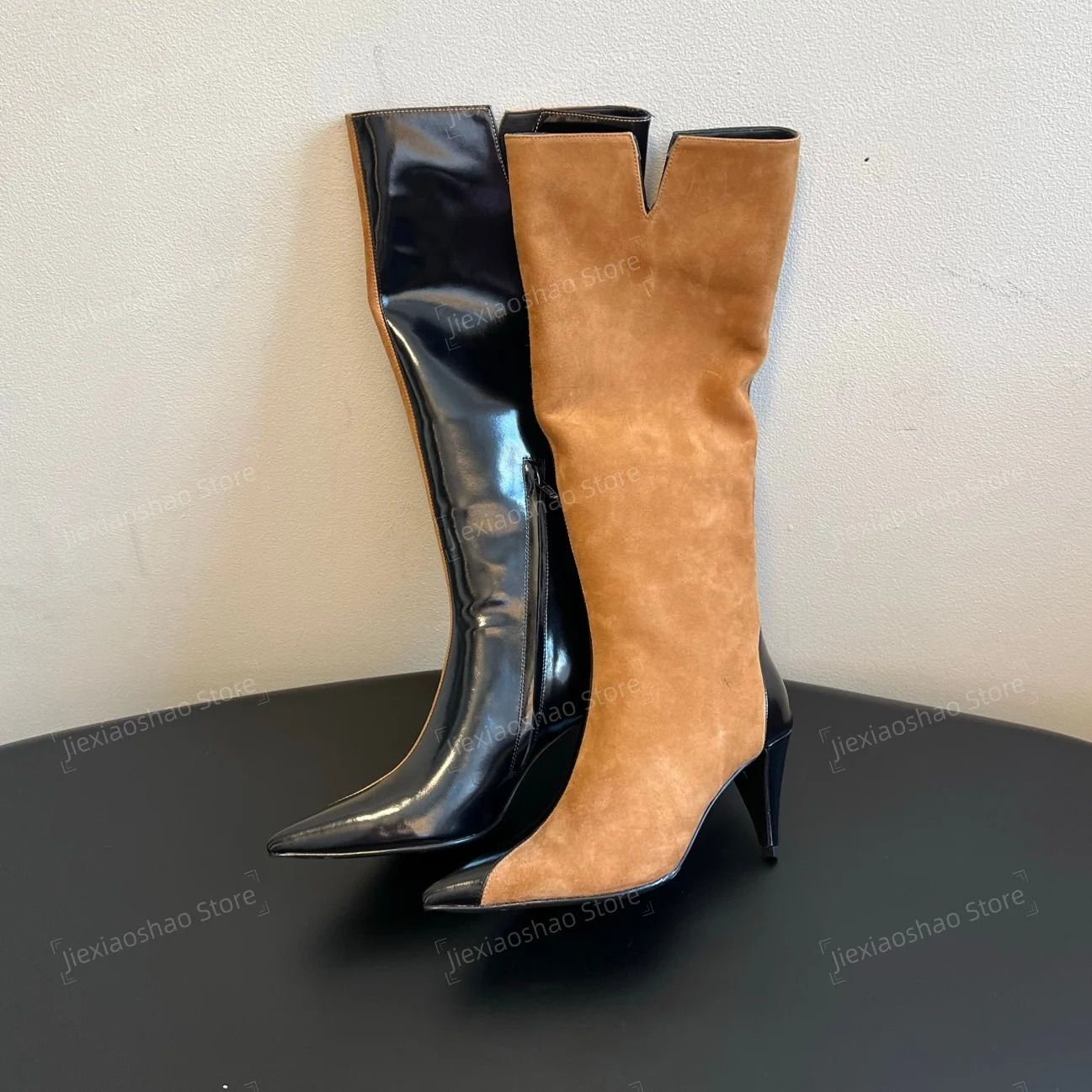 Desinger Genuine Leather Pointed-Toe Spike Heel Knee High Boots Woman Mix Colors Knight Boots Leopard Pumps Hiver Botas Mujer