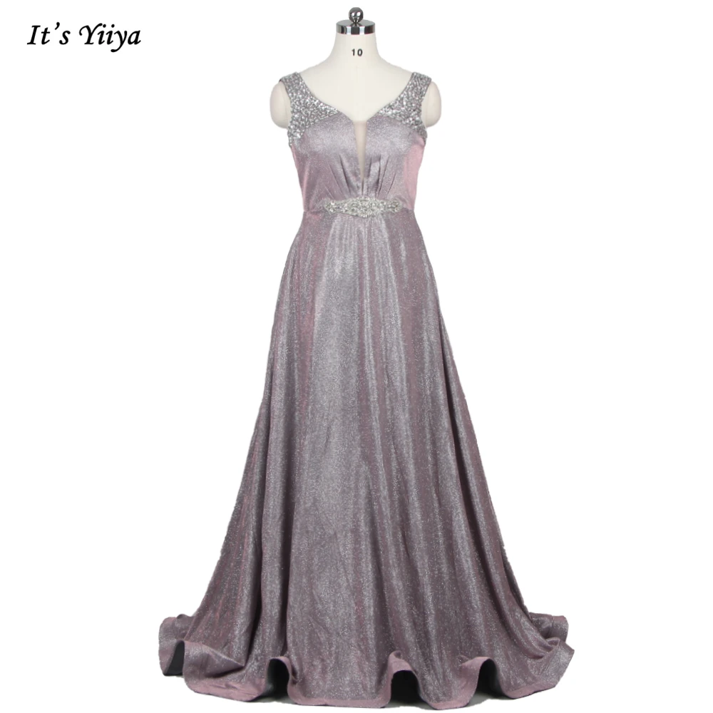 

It's YiiYa Evening Dress Dark Pink Shining Beading V-neck Lace up A-line Floor Length Plus size Women Party Formal Dresses E072