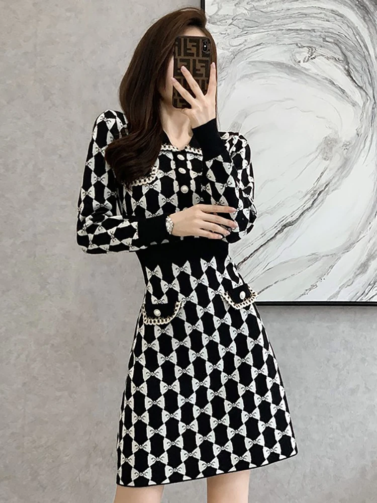 2023 New Medium and Long Style High-class Temperament Lady Dress Small Fragrance Light Luxury Knitting Dress Lady Autumn