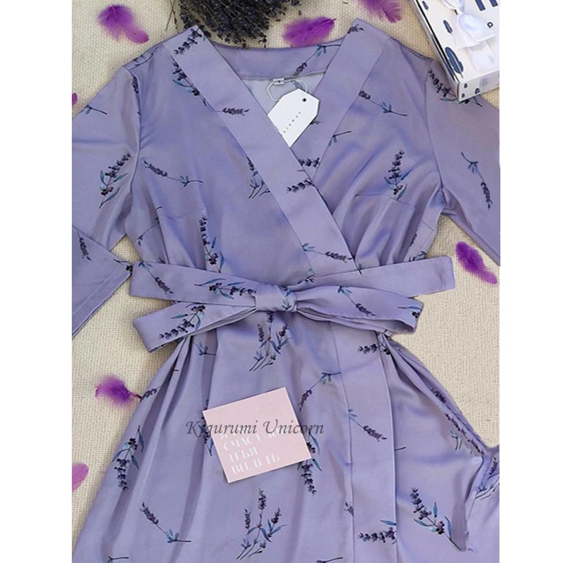 Robe Pajamas set 3pcs Women Satin Silk Night Robe Sleepwear Night Gown Lavender Print Pijamas V-neck Homewear Clothes Loungewear