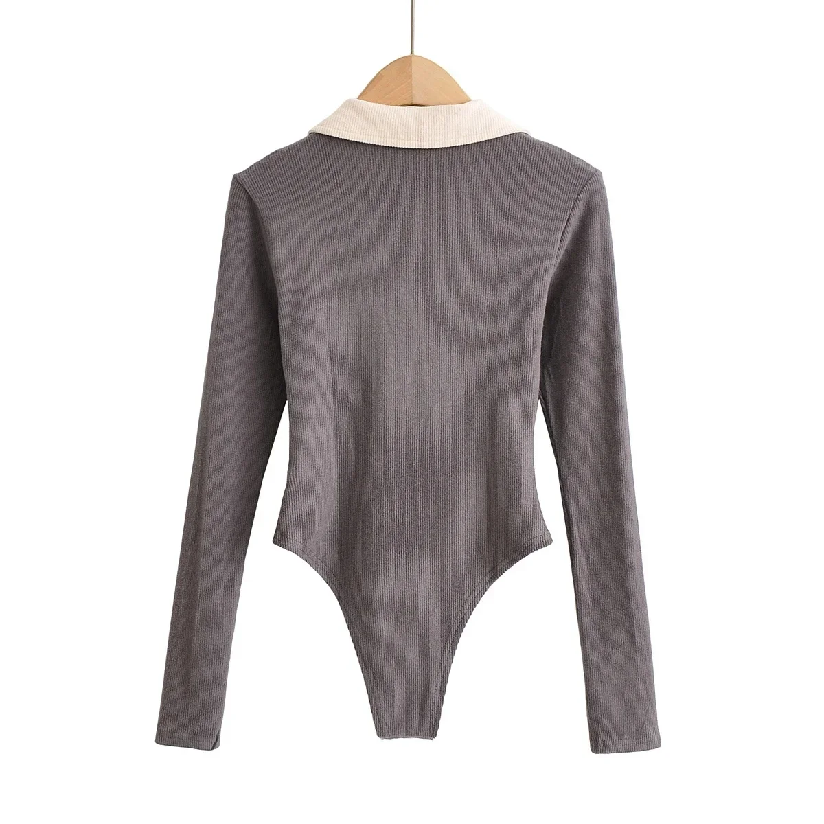 Sexy Lapel Color-blocking Long-sleeved Thin Female Casual Knitted Bodysuits Single-breasted Trend Slim Women's Clothing