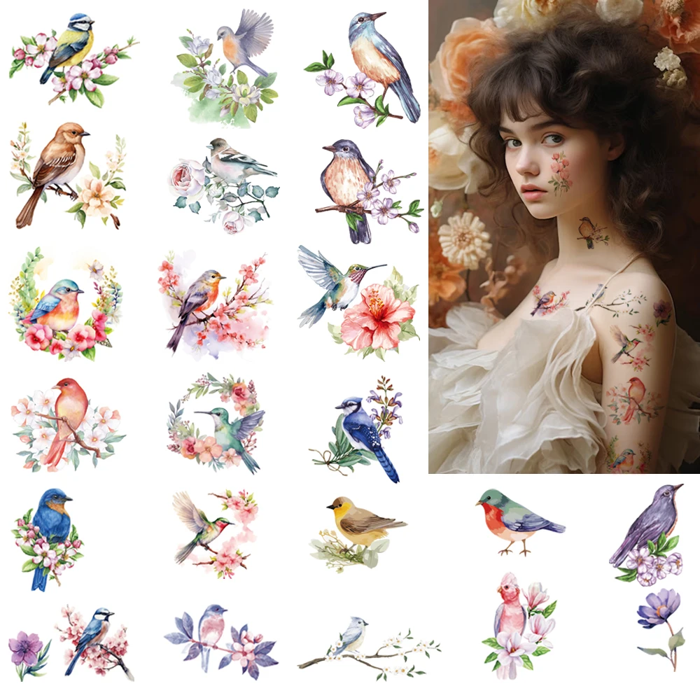 10pcs Realistic Watercolor Hummingbird Temporary Tattoos for Women, Floral & Bird Designs