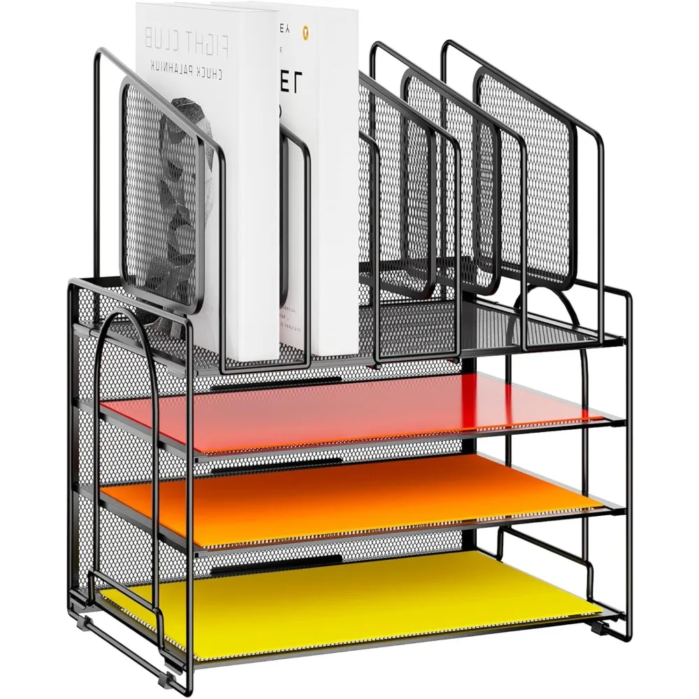 

Mesh Desk Organizer, 4-Tier Mesh Desk File Organizer with 5 Vertical File Holders, Multifunction Desktop Organizer