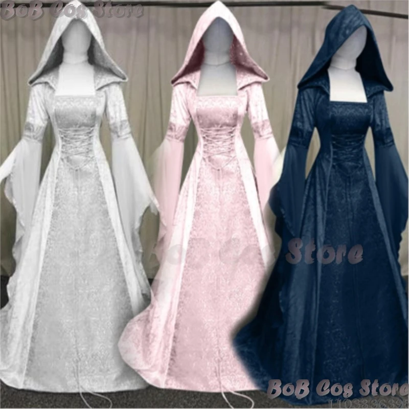 Holloween Cosplay Costume Medieval Vintage Wedding Dress hhooded Tunic Women Girl Dress Cos Party Roleplay Show Black White Pink