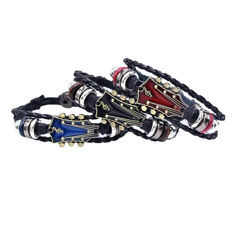 Vintage leather woven bracelets, musical instrument note four in one buckle jewelry men bracelet
