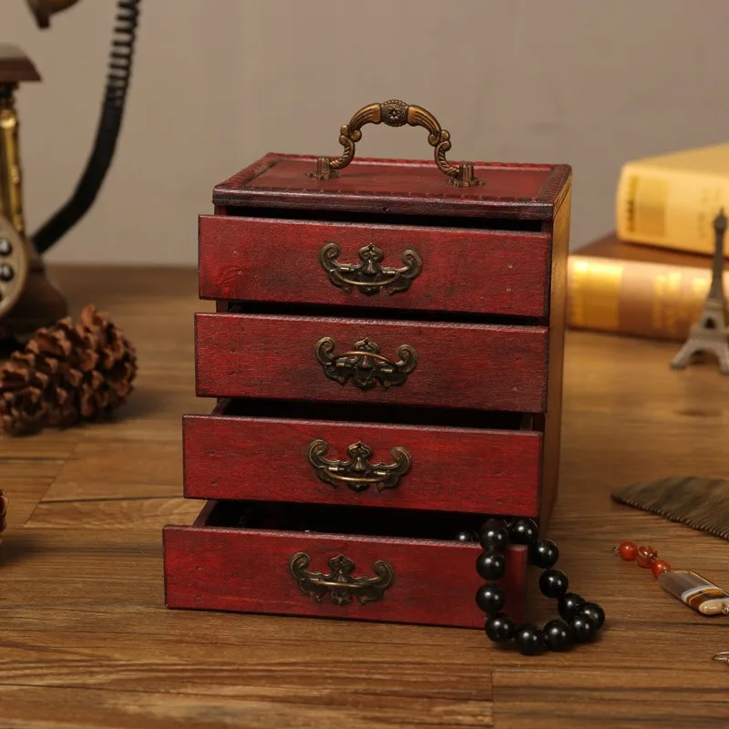 Four Layer Vintage Wooden Jewelry Dressing Box with Mirror,Retro and Fashionable,Classified Storage,Sturdy Compact and Portable