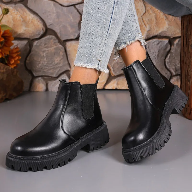 

Womens Boots Casual Chelsea Ankle Boots Round Toe Black PU Leather Short Boots Woman Comfort Low Heels Slip on Shoes Botas Mujer