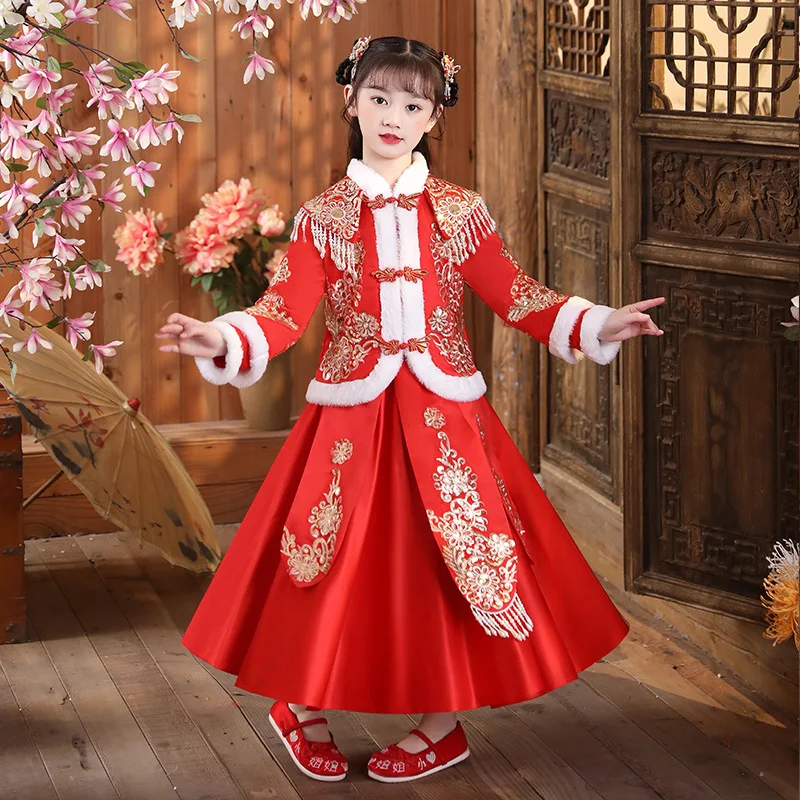 

Winter New Year Dress Sequined Girls Embroidery Tang Suit Kids Chinese Lovely Ancient Hanfu Children Cotton-padded Clothes