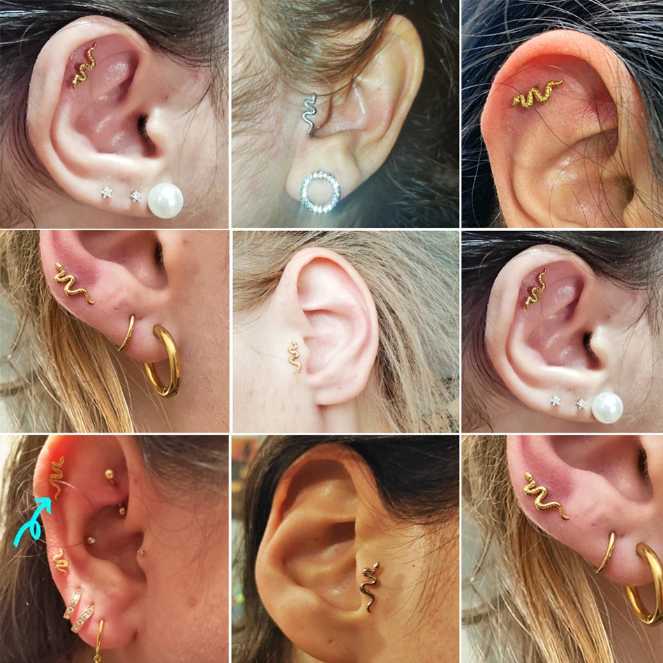 1PC Stainless Steel Zircon Ear Piercing Earring for Women Snake Ear Studs Cartilage Earring Helix Conch Lip Piercings Jewelry