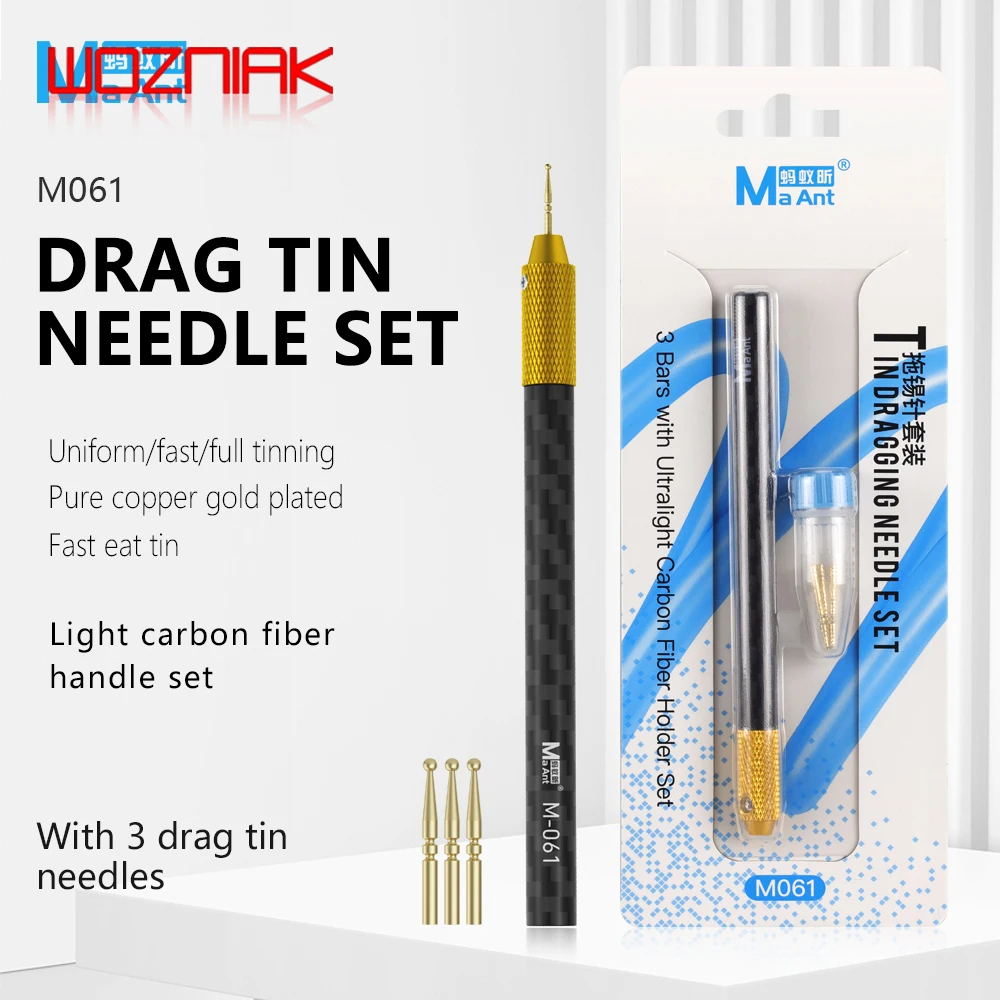 MaAnt M061 Tin Dragging Needle Gold Plated FPC Connector Reballing Solder with 3 Bars Ultralight Carbon Fiber Holder Kit Tools