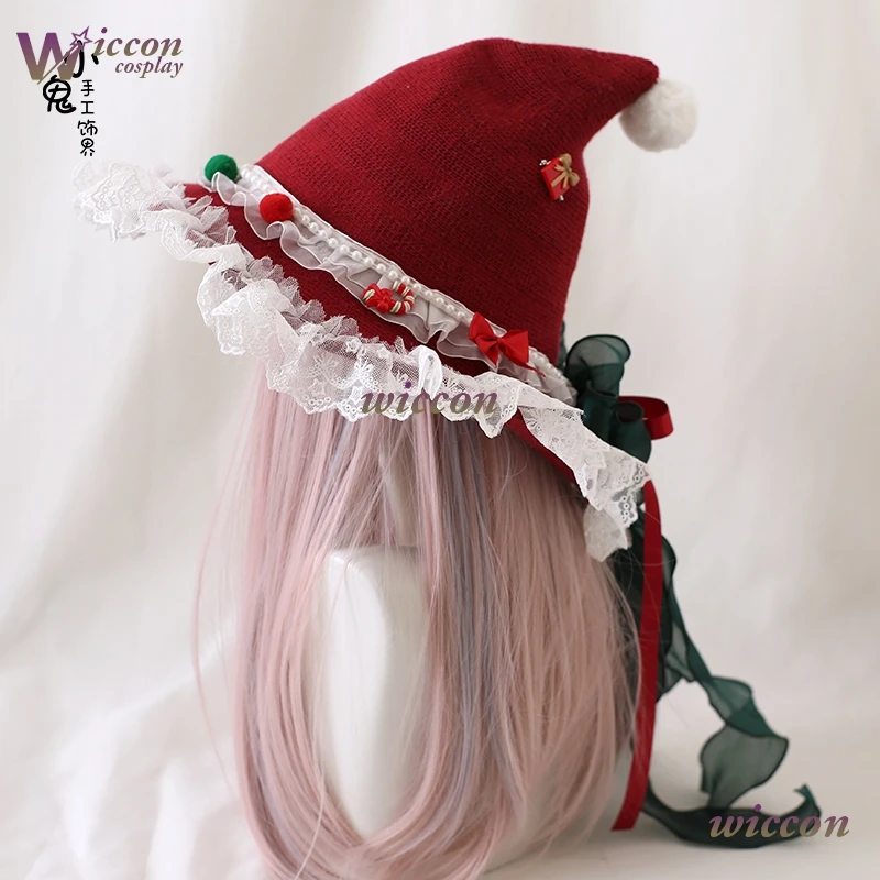 

CosC/Рождественская оригинальная рождественская шляпа ведьмы в стиле Лолиты с бантом, плюшевая кружевная рождественская шляпа волшебника, милый головной убор, Рождественский эльф, косплей, фото