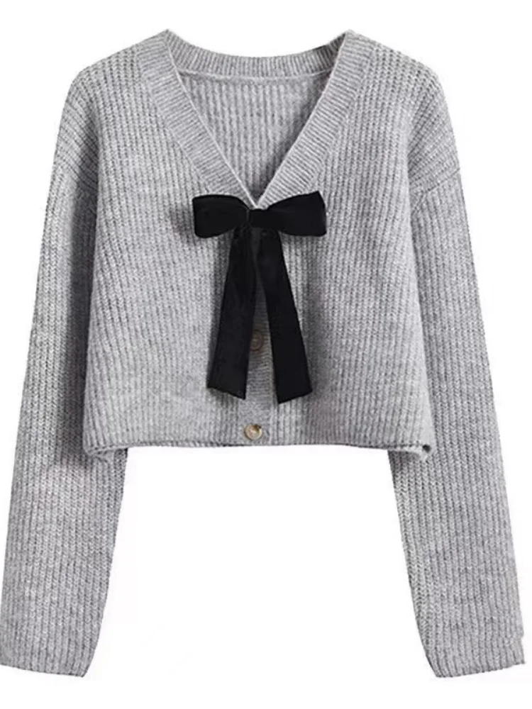 Woherb Bow Cardigan lavorato a maglia cappotto donna scollo a v manica lunga Sueter Pull Femme 2024 Ropa Mujer moda Vintage maglione coreano top